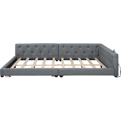 Letto divano 140 x 200 cm in lino grigio con rete a doghe, LED e porte USB Type-C (1/5)
