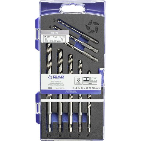 Broca Set 3-4-5-6-7-8-9-10 mm HSS Hexagonal 1/4 Larga DIN E6.3 Metal -1613- IZAR (1/4)