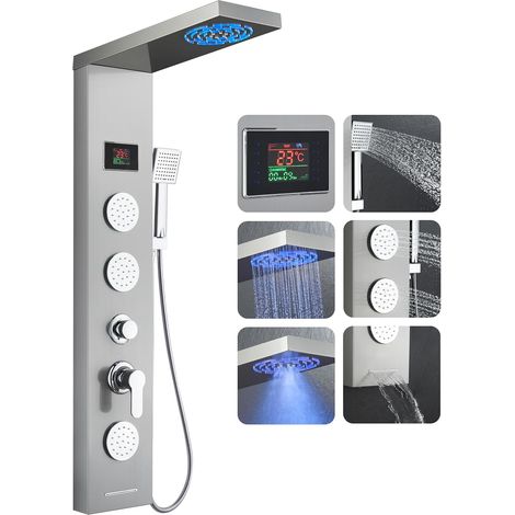 Panneau Colonne de Douche Brossé LED sans Batterie, 6 Modes avec Mitigeur - Affichage de la Température/Brume/Pluie/3 Jets de Massage Ronds/Douchette/Bec de Baignoire, Acier Inox, Montage Mural (1/5)