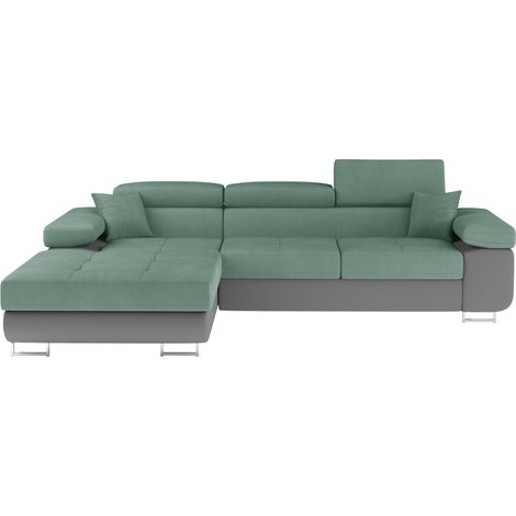 Canapé d'angle convertible appuis-tête réglables KALIZO - Coffre et pieds acier chromé angle gauche-99958f/Vert clair-angle gauche (1/5)