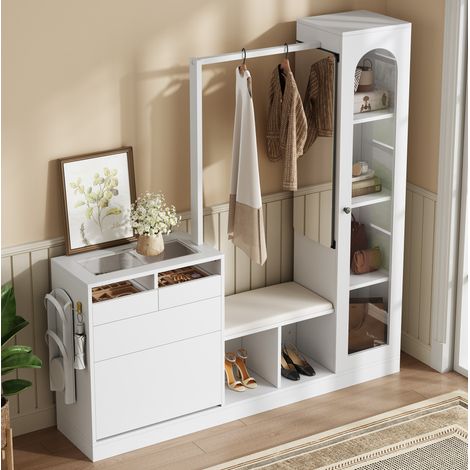 6-in-1-Flurmöbel-Set mit LED, Spiegel, Schuhschrank und Vitrine, Weiß, OKMYHOME (1/5)