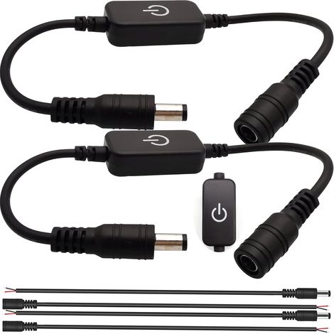 Interrupteur dimmer pour bande LED, Barre lumière monochrome réglable, Contrôleur d'interrupteur tactile pour bande, Port DC 2,1, Interrupteur avec câble queue DC 2,1 mâle femelle (2 Pcs) (1/4)
