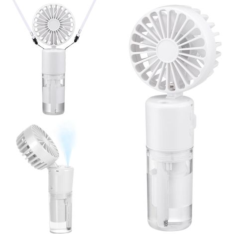 Mini ventilador portátil con nebulizador, recargable por USB, 4000 mAh, [5-21 horas de autonomía], 4 velocidades, silencioso, plegable, para exteriores y viajes, color blanco