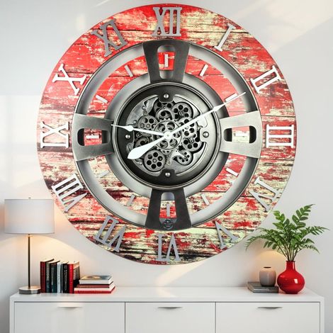 THE GEARS CLOCK Wanduhr mit echten beweglichen Zahnraedern - England Collection - 36" Rund - Red - Lava (1/5)