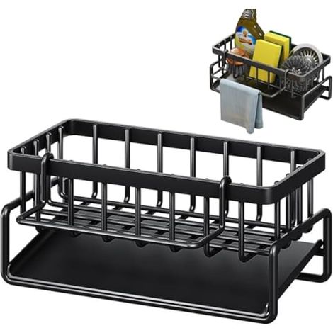 Organiseur d'évier de cuisine polyvalent en acier inoxydable avec plateau égouttoir et support pour gants de toilette (noir) (1/5)