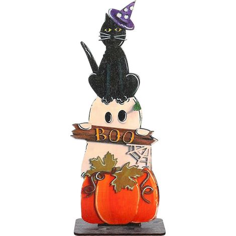 Décoration de porte en bois en forme de citrouille et de chat (1 pièce), pendentif de bienvenue pour Halloween-40X16CM