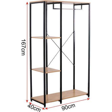 Estantería grande de metal con barra para ropa y zapatero de madera marrón negro 190000513
