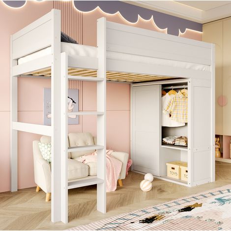 Hochbett Kiefernholz/MDF Weiß 90x200 cm mit Kleiderschrank, Staufach und offenem Unterbettraum (1/5)