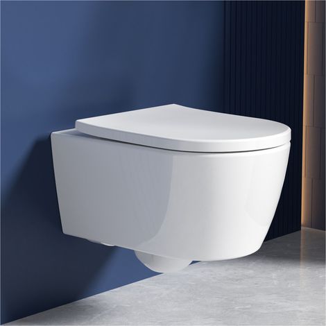 WC suspendu sans bordure de vidange – Chasse d'eau silencieuse 360° – Mécanisme SoftClose – Cuvette blanche 53 cm – Installation facile (1/5)