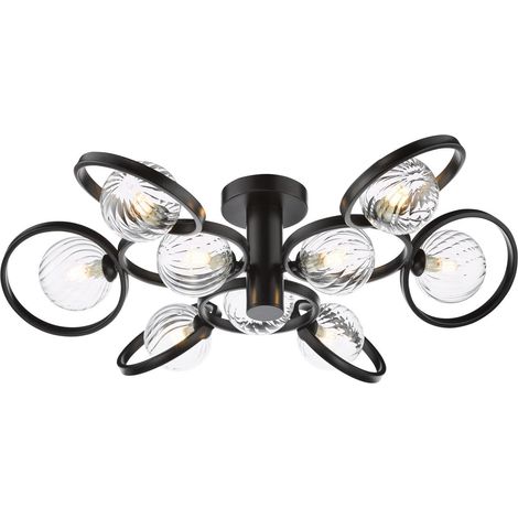 Dar Lynette Plafonnier semi-encastré Lynette 9 lumières, noir satiné, verre torsadé
