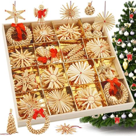 Decorations de Noel pour Sapin (56 Pcs) - Suspension Sapin Noel en Paille de Blé Naturel Fait Main - Motifs Assorti avec Ficelle - Déco Sapin Noel Naturel (1/5)