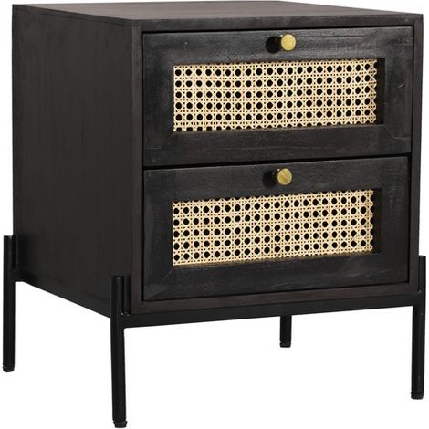 Rattan Bedside Table 2 Drawer - Mango Wood/Iron - L45 x W45 x H55 cm - Black Finish with Natural Rattan - Assembly Required