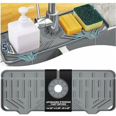 Alfombrilla antigoteo de silicona Ulisem con asa para grifo, soporte para esponja de jabón líquido para fregadero de cocina, alfombrilla de secado para encimera de cocina (gris) (1/4)