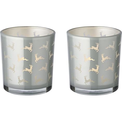Lot de 2 photophores en verre gris lanterne motif renne pour bougie chauffe-plat H 8 cm - PANGIVO (1/5)