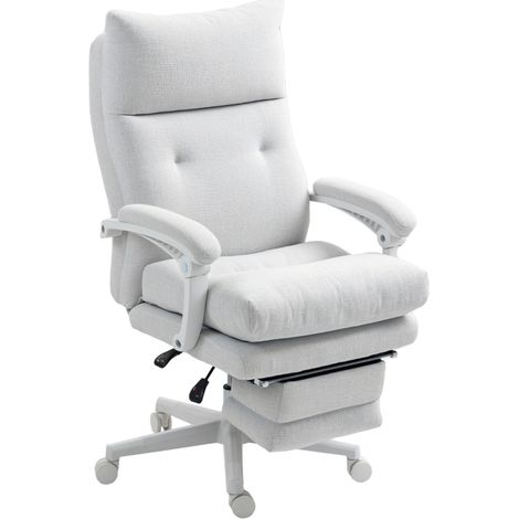 Chaise de bureau ergonomique avec soutien lombaire, dossier haut, repose-pieds intégré, assise pivotante et hauteur réglable, design épuré en lin, revêtue de tissu blanc crème (1/5)