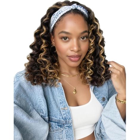 Perruque Bandeau Bouclé 14" Brève Miel/Noir Bandeau Pour Synthétique Sans Colle, Perruque Avec Bandeau Intégré Deep Wave (Points Forts 14" 4/27) (1/5)
