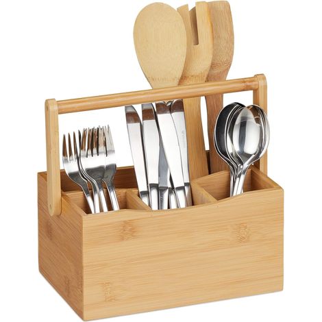 1 - Range-couverts en bambou - Porte-ustensiles de cuisine - 4 compartiments avec poignée pliante - Pour table et barbecue - Naturel - 23x25x15,5 cm