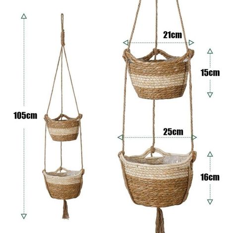 Cestino sospeso in erba marina, vaso da fiori intrecciato in 2 misure per uso interno ed esterno - Cestino portaoggetti e contenitore per piante (beige) (1/3)