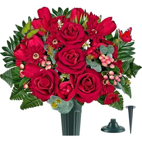 Fleurs de cimetière artificielles réalistes pour vase funéraire, fleurs funéraires pour cimetière avec vase, fleurs de cimetière artistiques en soie pour pierres tombales : rose rouge, tulipe (1/5)
