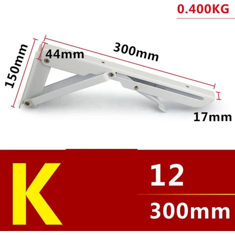 (K-12x2-Blanc-FR) Lot de 2 équerres triangulaires pliables blanches, réglables, à fixation murale, robustes et dotées de roulements à billes, pour étagères, tables et bancs. (1/5)