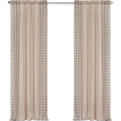 Rideaux à œillets en lin, bleu sur beige, semi-transparents, broderie bohème, 2 panneaux 52 po L x 63 po H (1/5)