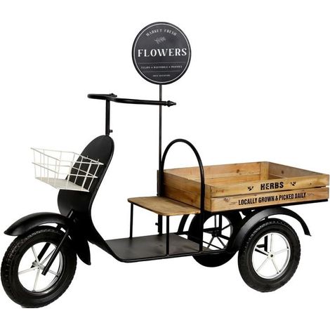 Motocarro Jardinière en métal et Plateau en Bois Noir et Naturel 106 x 135 x 44 cm