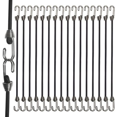 Beyamis Mini tendeurs élastiques à double crochet - Lot de 16 cordes extensibles en latex et polypropylène noir de 25 cm (10 pouces) pour le camping, les tentes et l'arrimage de camions. (1/5)