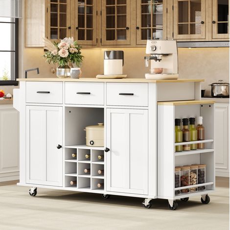 Isla de cocina móvil extensible 136 x 50 x 93 cm, MDF blanco y madera natural DESVIAE (1/5)