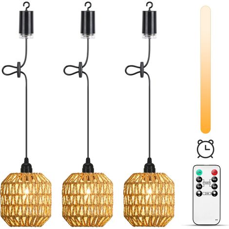 3 Pièces Suspension Luminaire sur Batterie, Suspension en Rotin sans Alimentation Électrique, Lampe Suspendue Exterieur Intérieur avec Télécommande Ampoule pour Jardin (1/5)