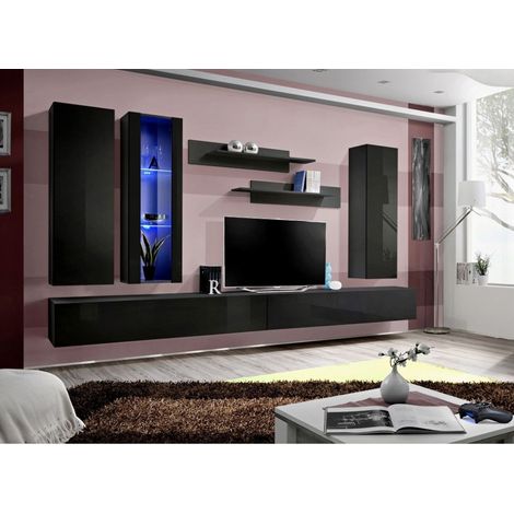 Ensemble meuble TV mural  - Fly III - 320 cm x 190 cm x 40 cm - Noir - Livraison gratuite