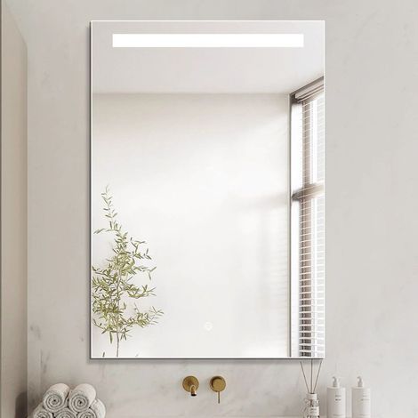 Miroir LED rectangulaire 60x80 cm pour salle de bain et coiffeuse avec anti-buée, CTT et Touch