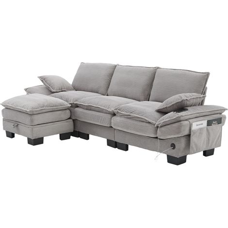 CHICFURN sofá modular de 3 plazas 260x132x84 cm en tejido gris claro con puff, USB-C (1/5)