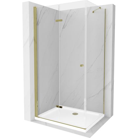 Mexen Lima klappbare Duschkabine 80 x 90 cm, Transparent, Gold + Duschwanne Flat - 856-080-090-50-00