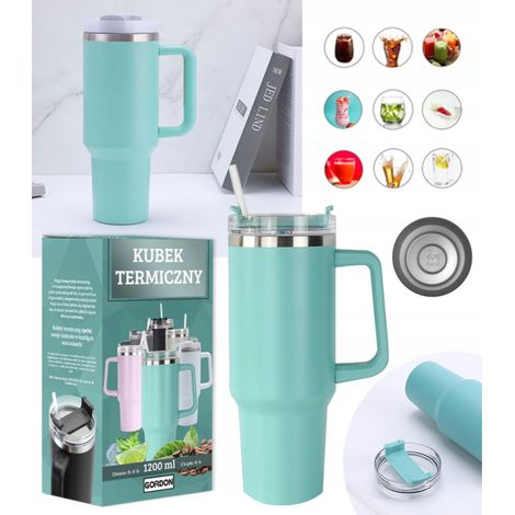 Tazza termica con cannuccia per caffè e tè, 1200 ml, turchese, XXL (1/5)