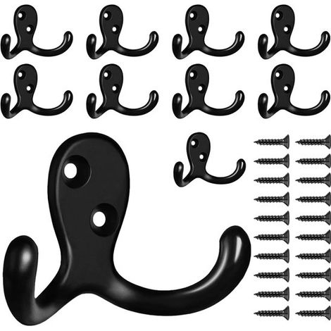 Lot de 10 patères murales métalliques robustes à double broche, pour manteaux, sacs, serviettes, chapeaux et clés, noir (1/5)
