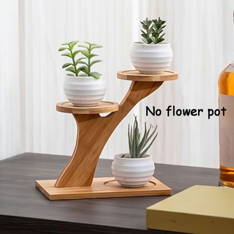 Support Plantes - Bambou Naturel - Deux Niveaux - Base Ronde - Pour Intérieur - 1 Pièce (1/5)
