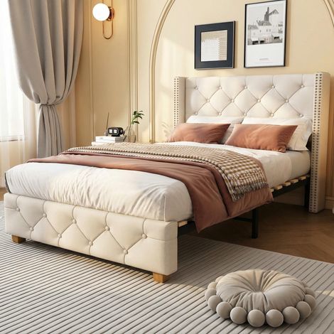 FurnitureR Beige Linen Single Bed 90x190cm with Button Headboard (1/5)