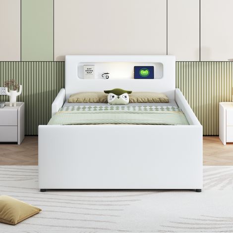 Lit enfant rembourré 90×200cm blanc simili cuir,veilleuse,USB,rangements,panneaux surélevés sécurité,lit /