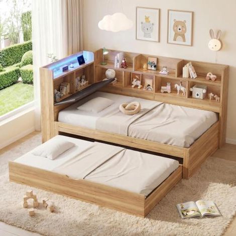 Canapé-lit enfant 90x200cm - Avec lit gigogne 90x190cm - Avec lumière LED et port USB - Avec étagères - Naturel (sans matelas)