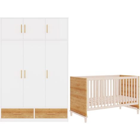 Conjunto de dormitorio para bebé con armario 3 puertas y cuna 70x140 cm blanco y madera (1/5)