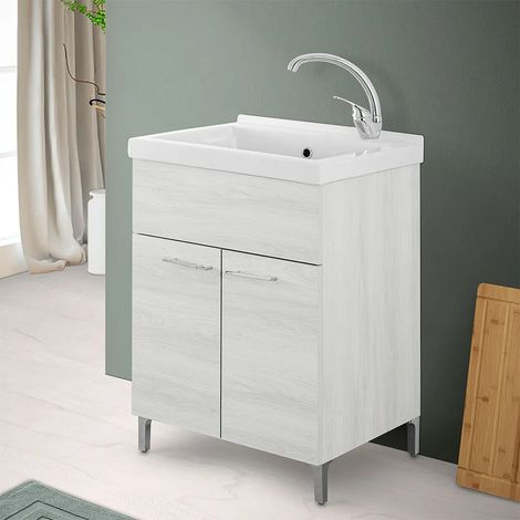 Mobile lavatoio 60x50 cm rovere bianco con vasca lavapanni in ceramica (1/5)