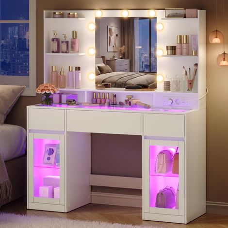 VASAGLE Tavolo da Trucco con Specchio, Postazione Trucco con Luci RGB e Prese, Armadietti in Vetro, Senza Sgabello, 107 x 40 x 144,5 cm, Bianco, per Camera da Letto, Collezione Kailyn RDT145WB01 (1/5)