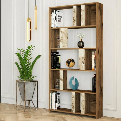 Bibliothèque Algieba, Etagère de Bureau, Porte-Livre Mobile, Librairie, 90x20h180 cm, Noyer et Marbre Blanc (1/5)