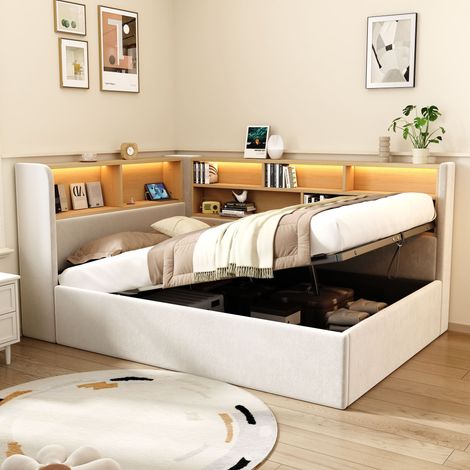 Canapé-lit coffre rembourré 90x200cm - Avec LED et port USB - Compartiments de rangement - Velours - Beige (Matelas non inclus) (1/5)