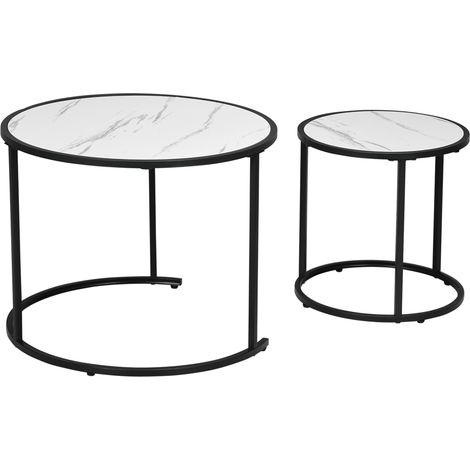 Ensemble de 2 tables d'appoint rondes empilables, gigognes, avec plateau effet marbre, Ø60x46 cm et Ø40x40 cm, blanches (1/5)