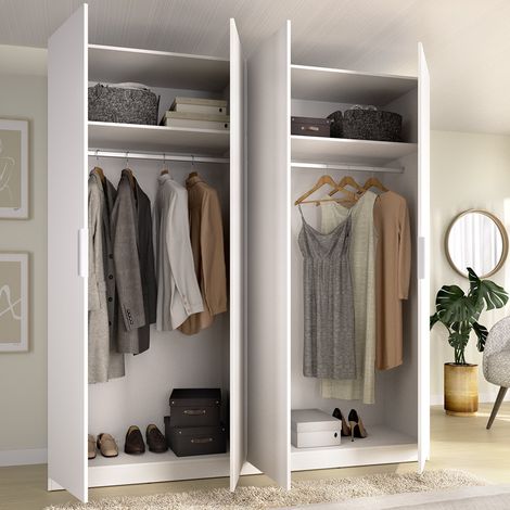 Großer Kleiderschrank Holder, Schlafzimmer-Schrank mit 2 Regalen, Kleiderstange, Schubladen, 51x204h cm Weiß (1/5)