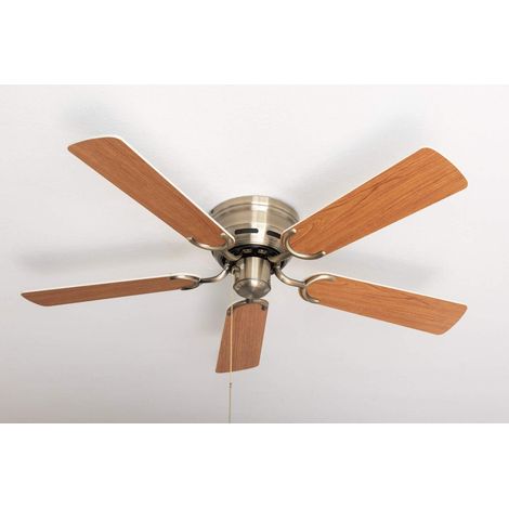 Ventilateur de plafond en laiton vieilli sans lumière avec interrupteur à tirette Blanc/érable (1/5)