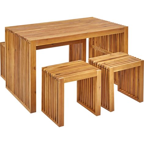 Conjunto de jardín 4 piezas interior exterior mesa banco taburetes madera de acacia clara Bellano (1/5)