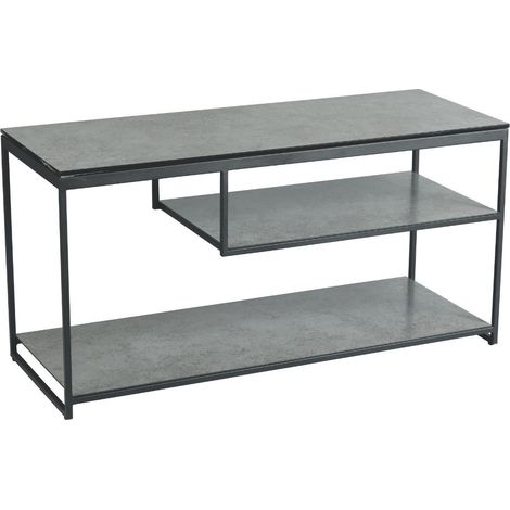 Meuble TV en acier laqué anthracite avec plateaux en verre finition aspect céramique - STRATE