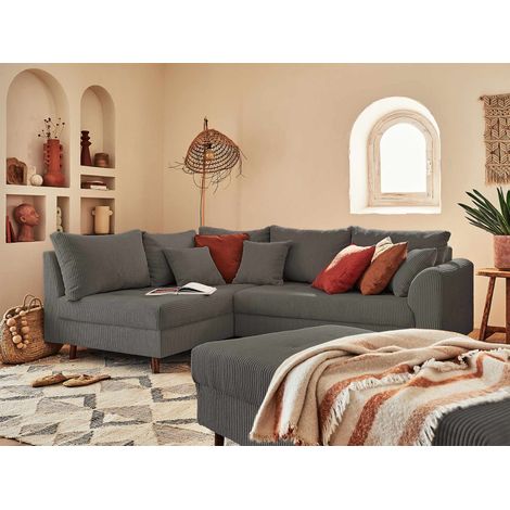 Rune – ecksofa links – 4-sitzer – mit hocker – aus cord - dunkelgrau